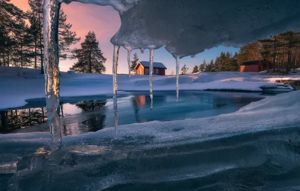 Картинка снег, дом, лёд, сосульки, Ice Cave