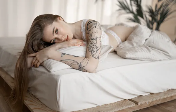 Girl, sexy, lingerie, bra, Model, panties, blue eyes, tattoo