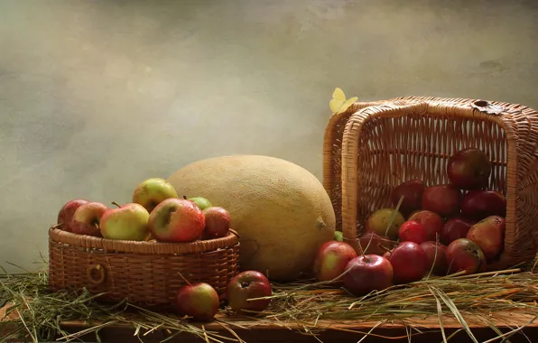 Лето, корзина, яблоки, натюрморт, дыня