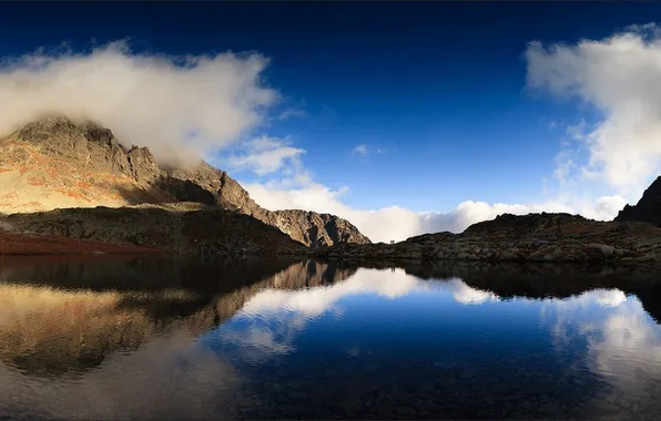 Облака, горы, природа, озеро, отражение, фото