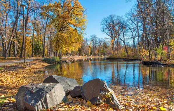 Картинка осень, листья, деревья, пруд, парк, камни, дорожка, скамья