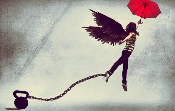 Девушка, зонтик, рисунок, крылья, зонт, цепь, гиря