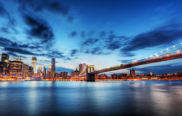 Лето, город, Нью-Йорк, размытость, Бруклинский мост, New York, иллюминация, Brooklyn Bridge