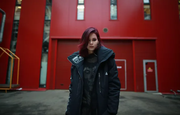 Skull, model, alone, women, redhead, jacket, t shirt, women outdoors