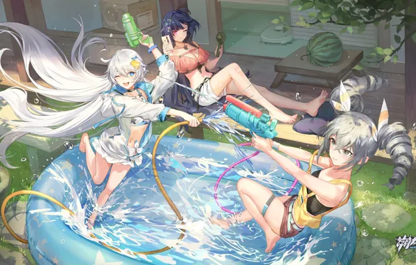 Лето, девушки, бассейн, Kiana Kaslana, Bronya Zaychik, Houkai Gakuen, Mei Raiden