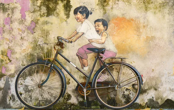 Велосипед, дети, граффити, настенная роспись