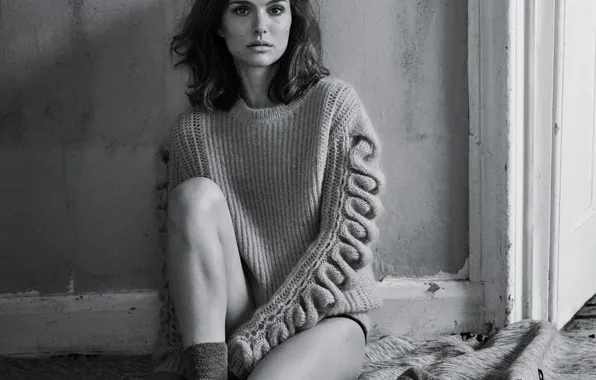 Девушка, black & white, актриса, брюнетка, черно-белое, Natalie Portman, Натали Портман, монохром