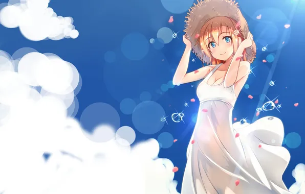 Небо, взгляд, девушка, улыбка, ветер, шляпка, art, love live! school idol project