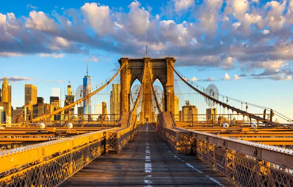 Облака, дома, Нью-Йорк, опора, США, Бруклинский мост