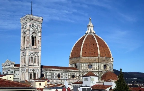 Крыша, небо, Италия, Флоренция, купол, Дуомо, колокольня Джотто, собор Санта-Мария-дель-Фьоре