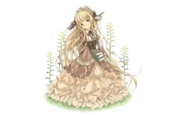 Книги, белый фон, длинные волосы, зеленые глаза, оборки, gosick, victorica de blois, пышная юбка