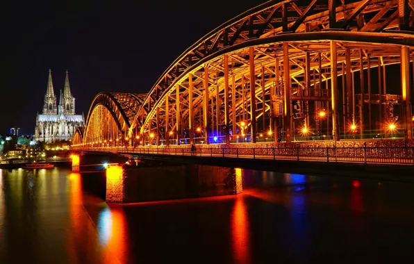 Ночь, мост, река, Германия, Germany, Кёльн, Köln, ночьной город