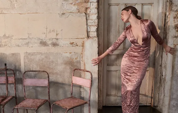 Девушка, поза, ретро, фигура, платье, Lily James