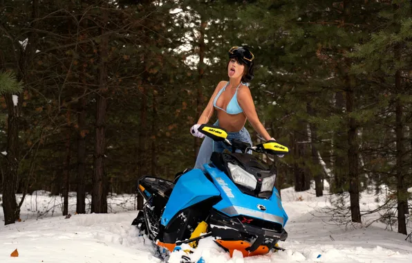 Картинка trees, snow, model, women, jeans, brunette, gloves, tongue