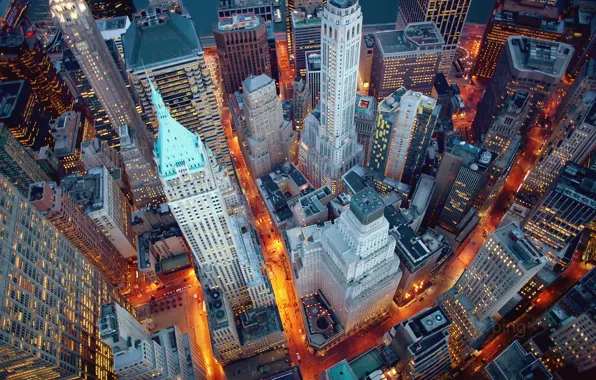 Картинка город, огни, Нью-Йорк, вечер, США, Манхэттен, Нью Йорк, Уолл-стрит