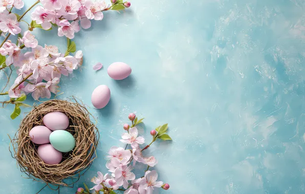 Картинка цветы, flowers, spring, eggs, happy, Пасха, pink, яйца