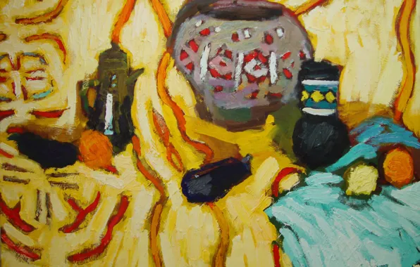 Картинка лимон, яблоки, баклажаны, натюрморт, 2011, Петяев, голубая ткань