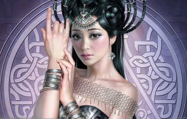 Девушка, украшения, узор, рука, арт, прическа, tang yuehui, азиатка