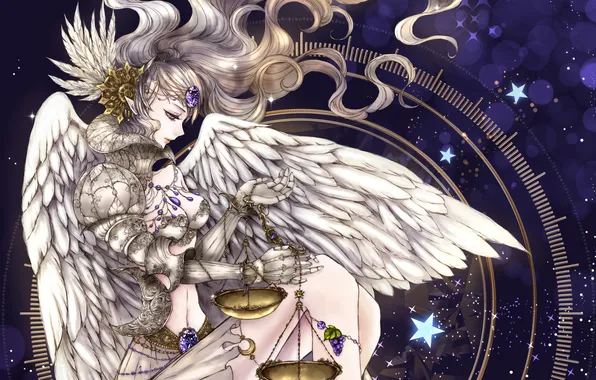 Картинка девушка, звезды, крылья, арт, весы, Yuki mami