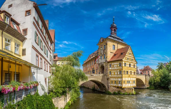 Картинка небо, солнце, деревья, река, дома, Германия, Бавария, Bamberg