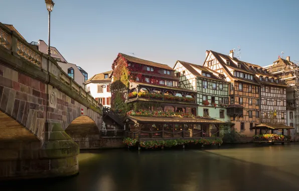 Мост, река, Франция, здания, дома, Страсбург, France, Strasbourg