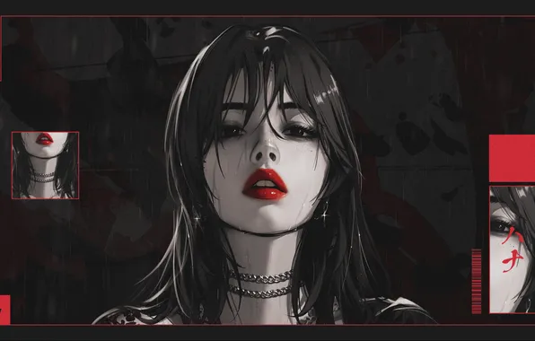 Rain, women, digital art, red lipstick, GLSSWRKS
