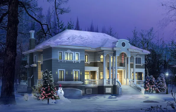 Картинка зима, дома, визуализация