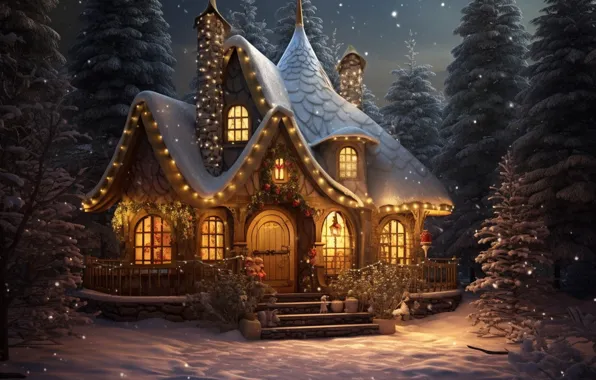 Зима, снег, украшения, ночь, lights, елка, Новый Год, Рождество