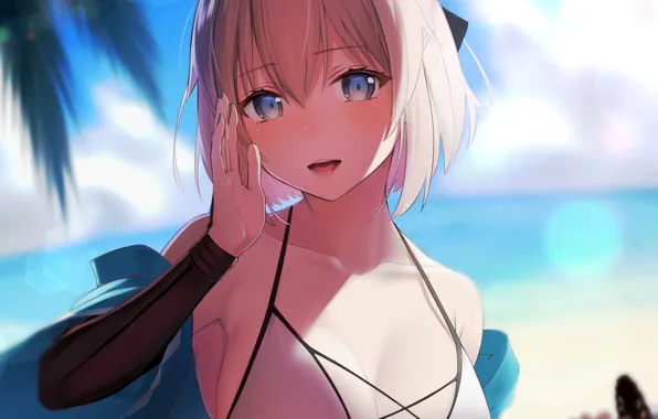Girl, sexy, cleavage, pink hair, sea, boobs, anime, beautiful
