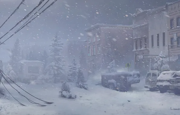 Картинка зима, машина, снег, город, арт, The Last of Us