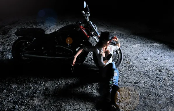 Картинка девушка, ночь, мотоцикл
