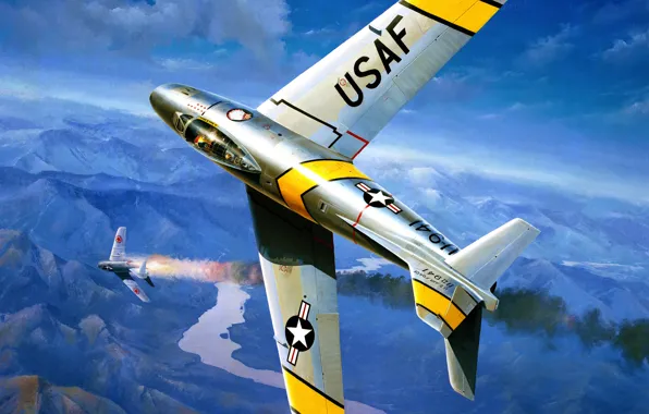 Картинка war, art, airplane, painting, aviation, jet, F-86 Sabre, korean war