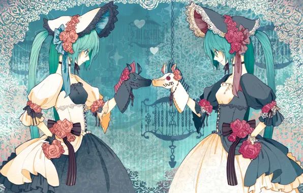 Розы, шляпы, лошадки, кринолин, Hatsune Miku?двое