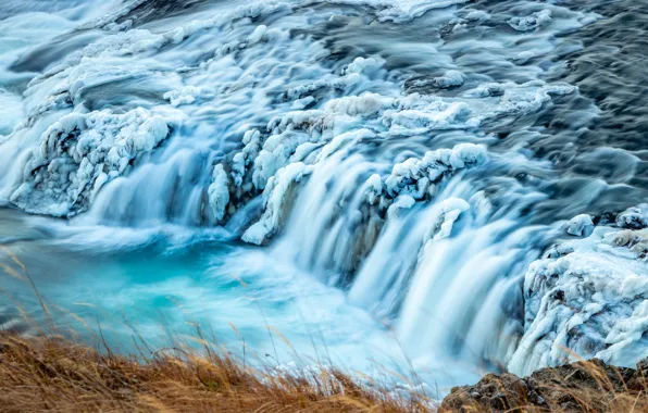 Картинка зима, снег, водопад, поток, Исландия
