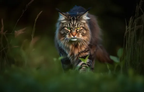 Кошка, кот, взгляд, природа, поза, прогулка, мордашка, мейн-кун
