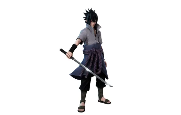 Минимализм, белый фон, Наруто, Naruto, Саске Учиха, 3д графика
