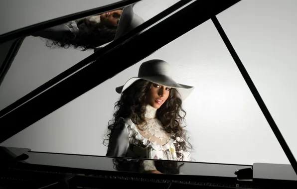 Взгляд, модель, шляпа, рояль, брюнетка, певица, Alicia Keys, Алиша Киз