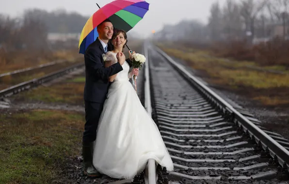 Зонтик, парочка, невеста, боке, жених
