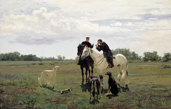 Картинка поле, облака, масло, лошади, Холст, 1882, Николай КУЗНЕЦОВ, В отпуску