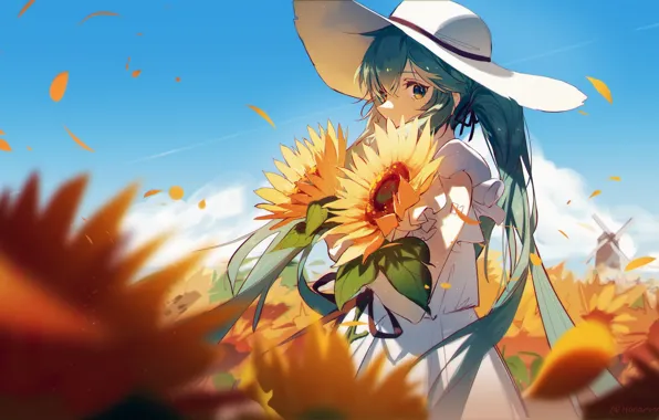 Лето, девушка, подсолнухи, Hatsune Miku, вокалоид