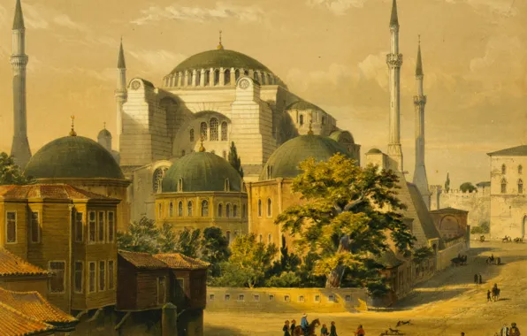 Город, картина, мечеть, Стамбул, Турция, минарет, Собор Святой Софии, Айия-Софья