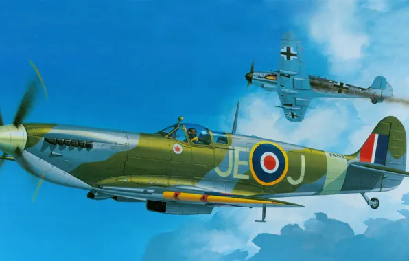Картинка Spitfire, РИСУНОК, ВВС Великобритании, Supermarine, Mk.IXC, BF-109, английский истребитель времён Второй мировой войны