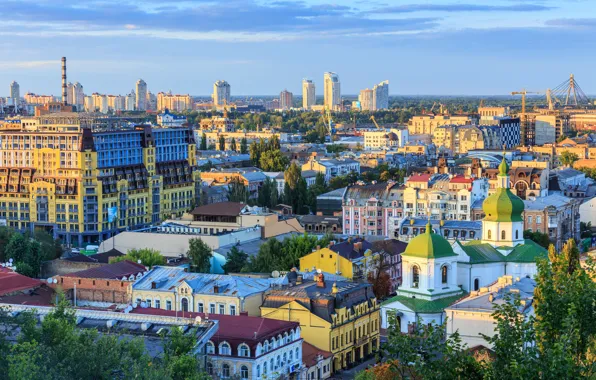 Картинка небо, дома, небоскребы, крыши, церковь, панорама, Украина, Киев