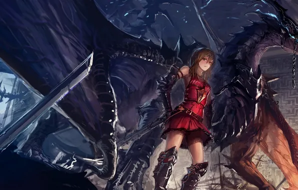 Картинка девушка, оружие, дракон, меч, аниме, арт, цепь, hikaru