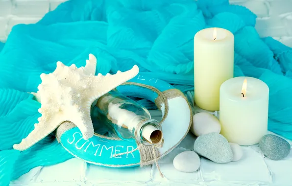 Камни, свечи, морская звезда, summer, marine, candles, starfish, bottle
