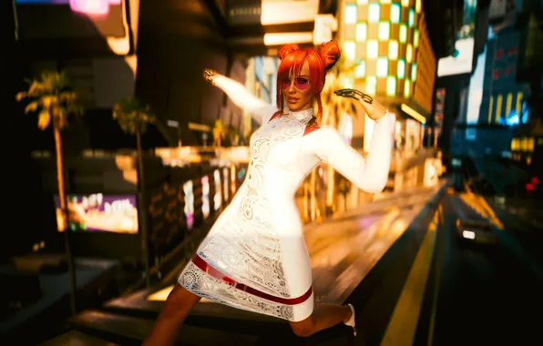 Девушка, Рыжая, Позирует, Cyberpunk 2077, Night City, Киберпанк 2077, Белое платье, Cyberpunk 2077 . Киберпанк