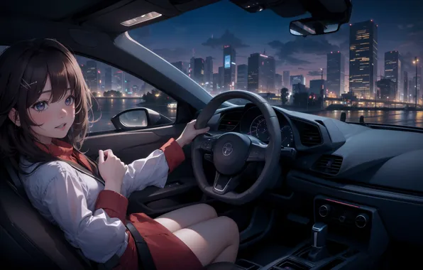 Girl, City, Car, Night