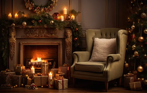 Украшения, комната, шары, елка, интерьер, кресло, Новый Год, Рождество