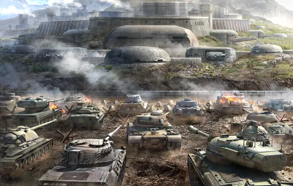 Картинка Горы, Пыль, Дым, Танки, WoT, ИС-7, Tiger II, World of Tanks