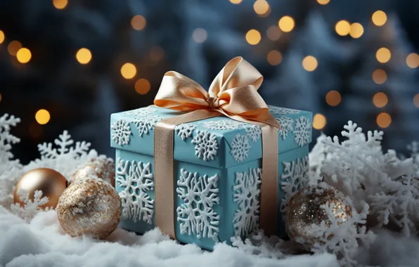 Зима, снег, украшения, снежинки, шары, Новый Год, Рождество, подарки